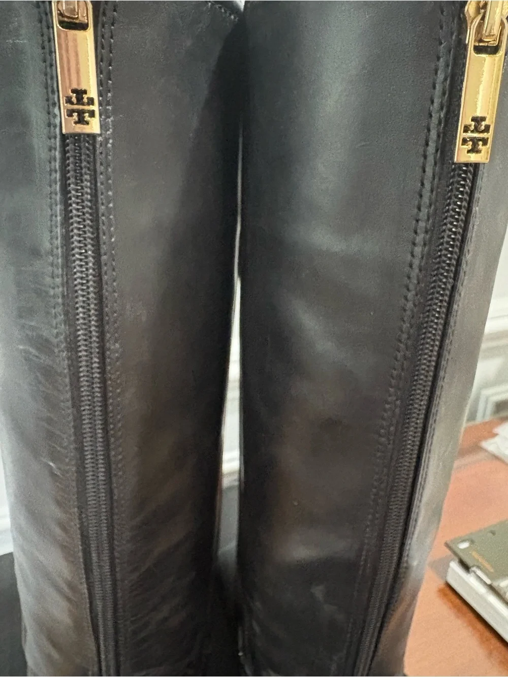 Tory Burch Black Leather Knee-High Riding Boots with Gold Logo